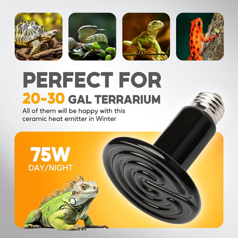 HealSmart 75W Reptile Heat Lamp Ceramic Heat Emitter, No Light Emitting Heat Bulbs, Suitable for Snake/Lizard/Spider, Plant Growth and Incubating Chicken, 2-Pack - Image 5